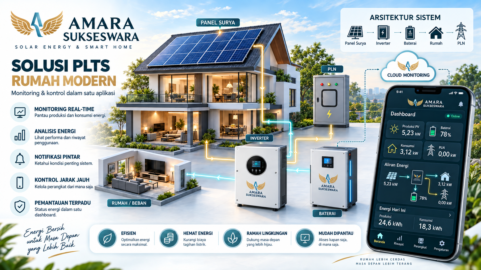 Poster konsep PLTS Atap dan sistem energi Amara Sukseswara